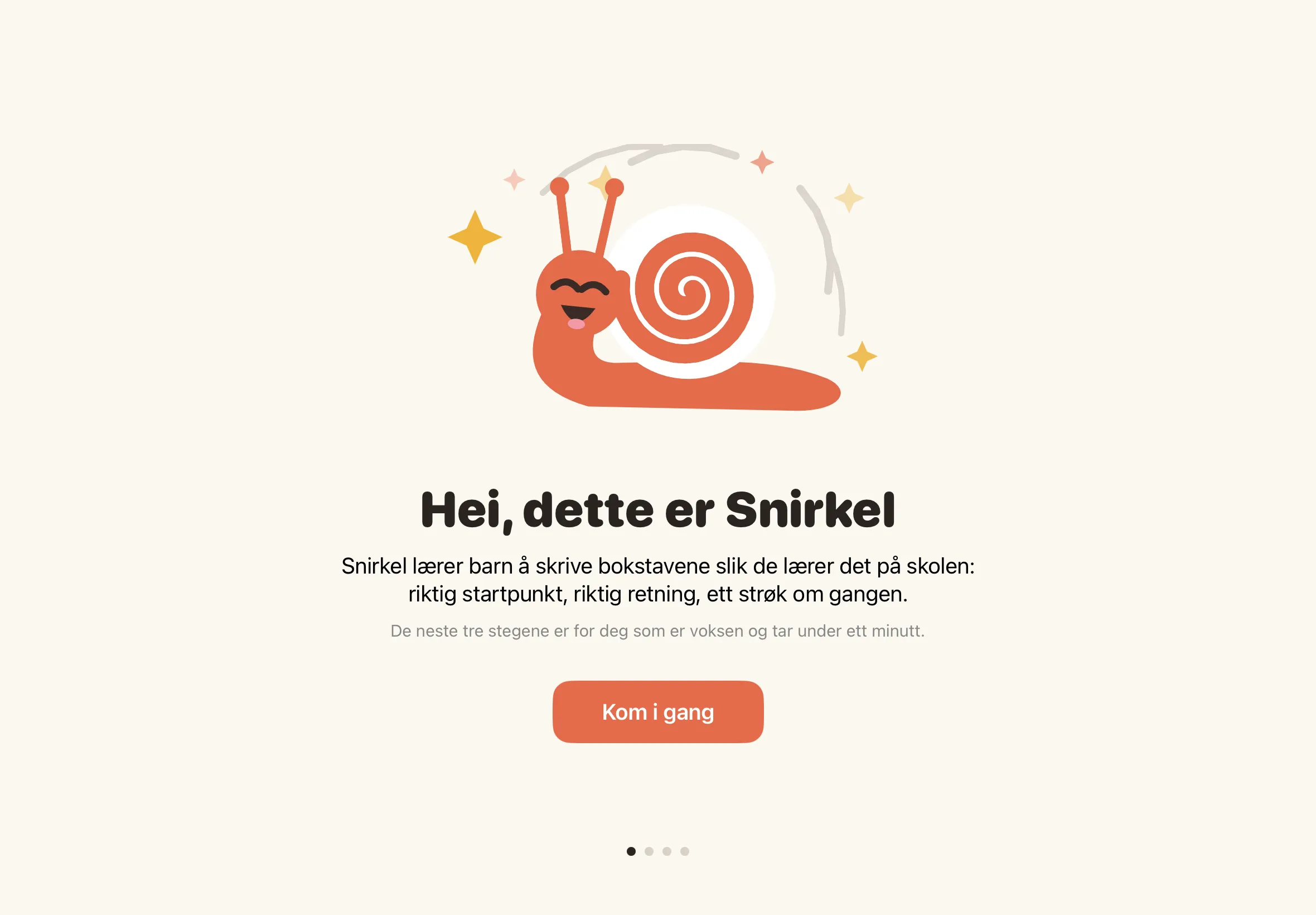 Snirkel sier hei på første skjerm i appen