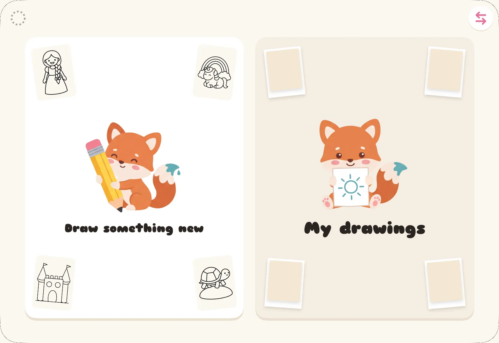 The start screen in Rable, with the two doors Draw something new and My drawings