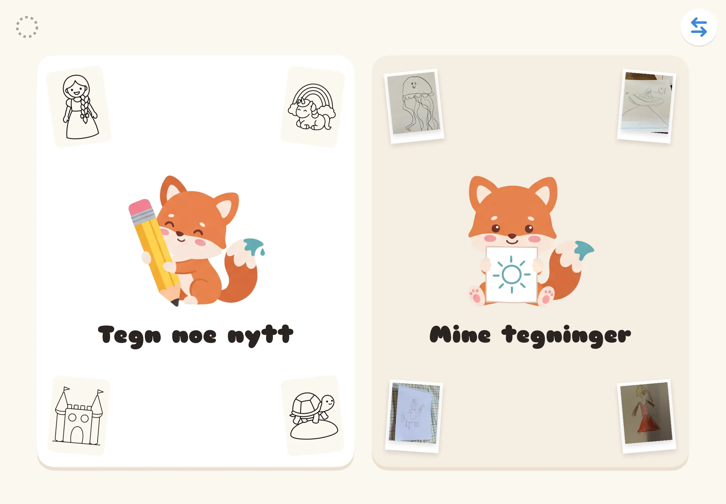 Startskjermen i Rable, med de to dørene Tegn noe nytt og Mine tegninger