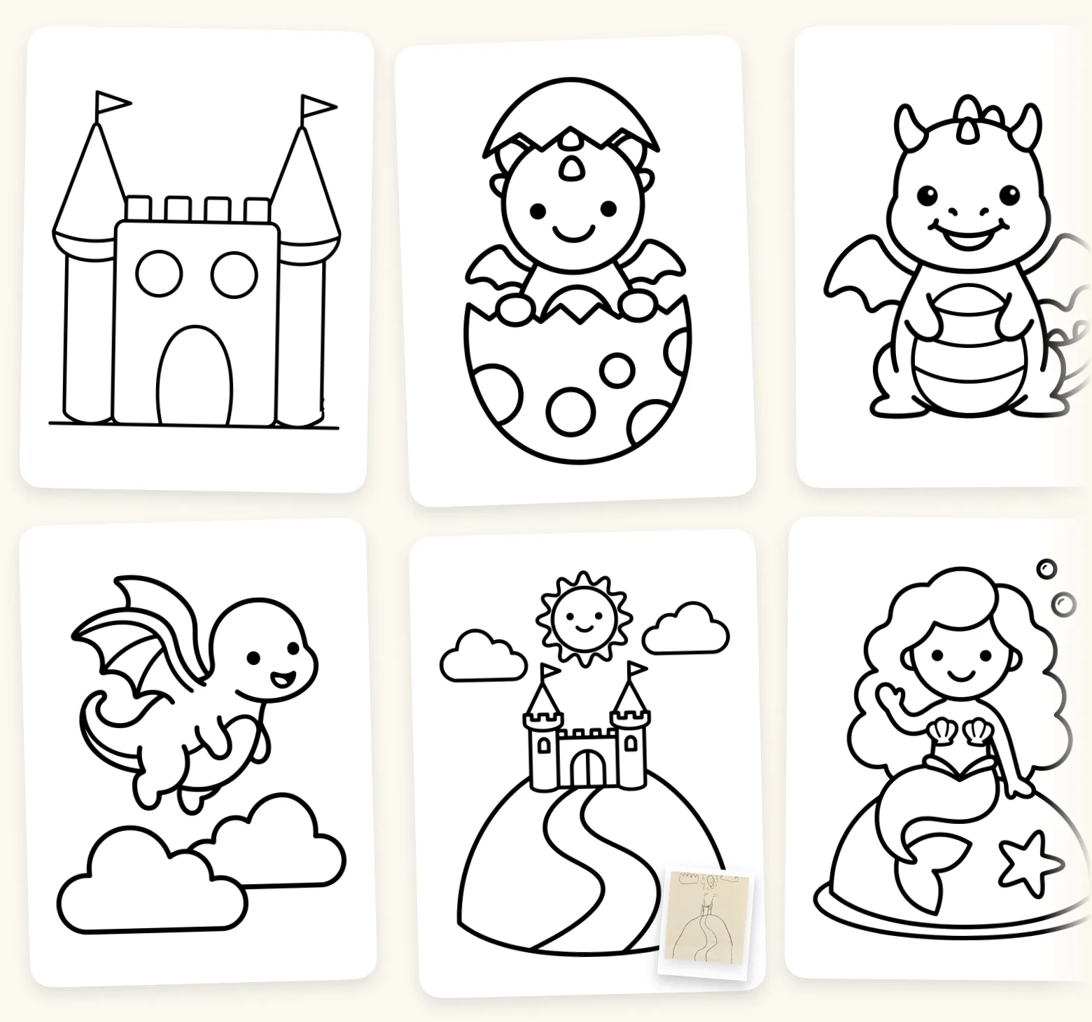 The fairy tales in the roll, with a polaroid of the child’s drawing on the castle