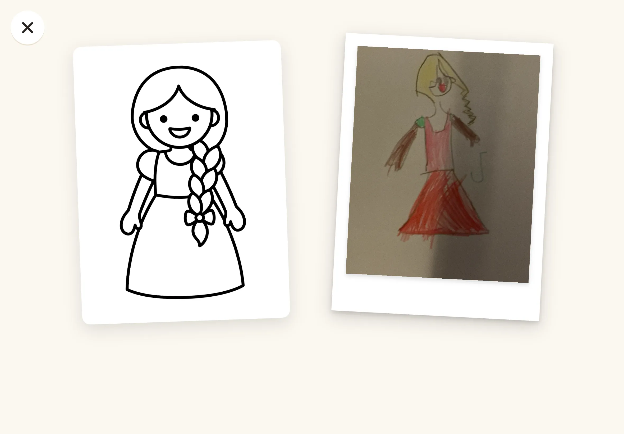 A princess from Rable and the child’s drawing of her, side by side