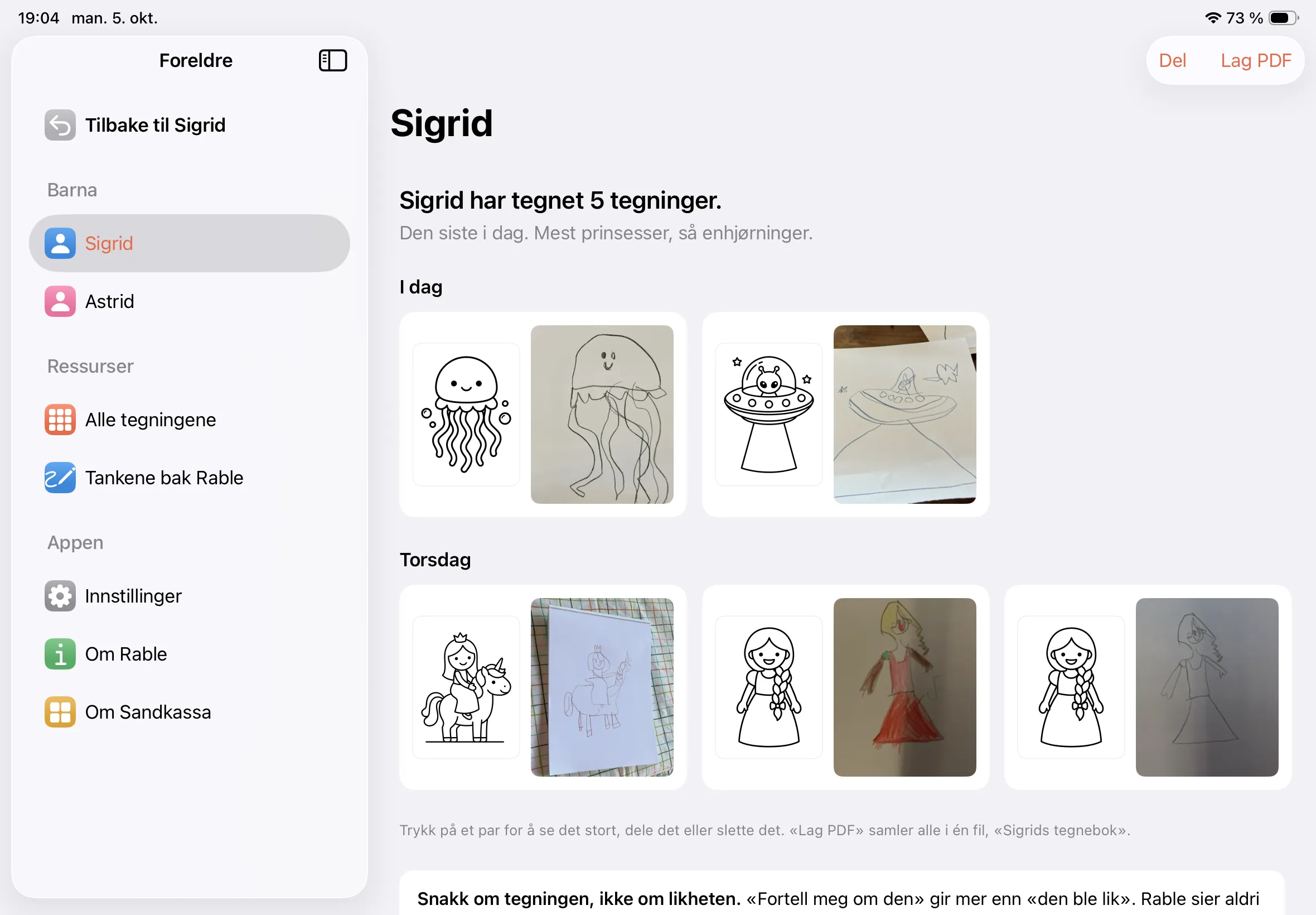 Barnets tegninger i foreldremodus, parvis med originalene, med Del og Lag PDF