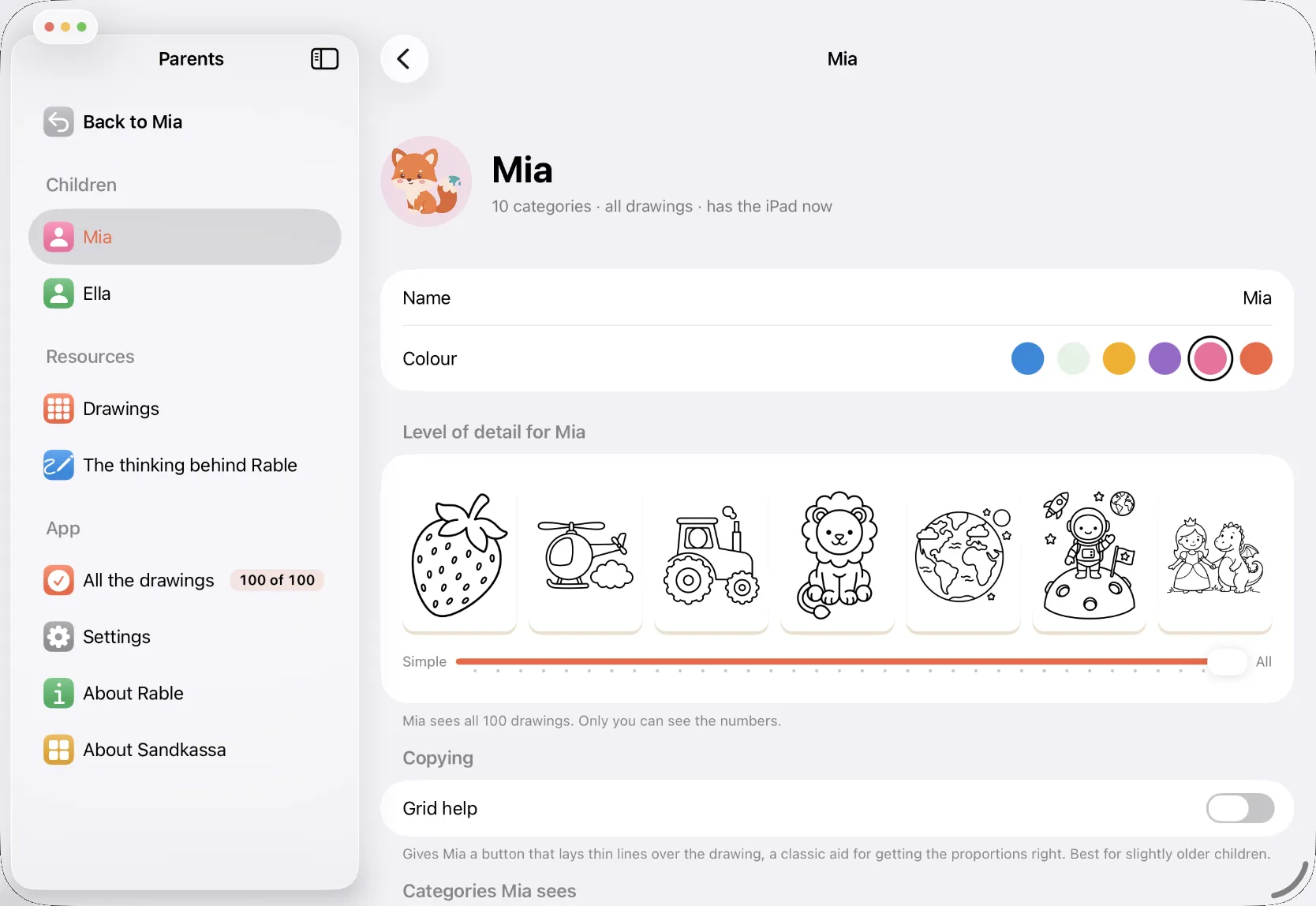 The settings for one child in parent mode
