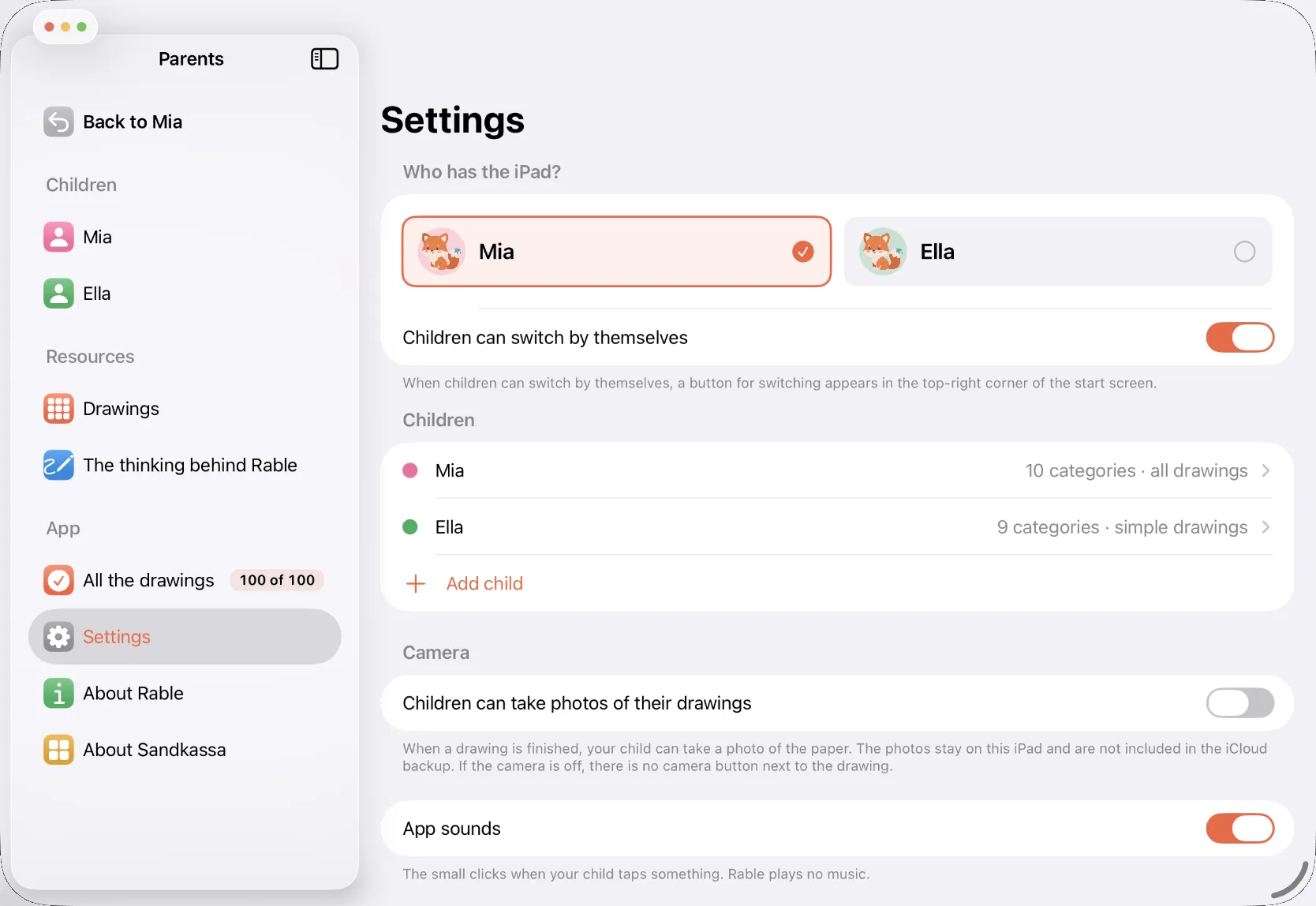 The settings in parent mode, with the children