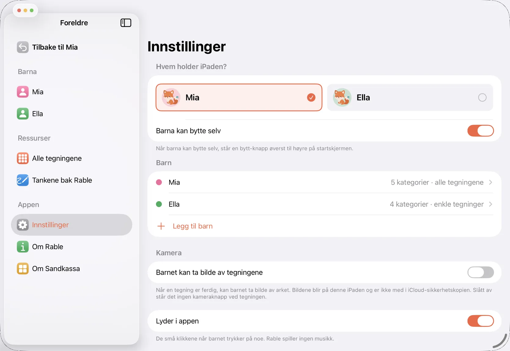 Innstillingene i foreldremodus, med barna