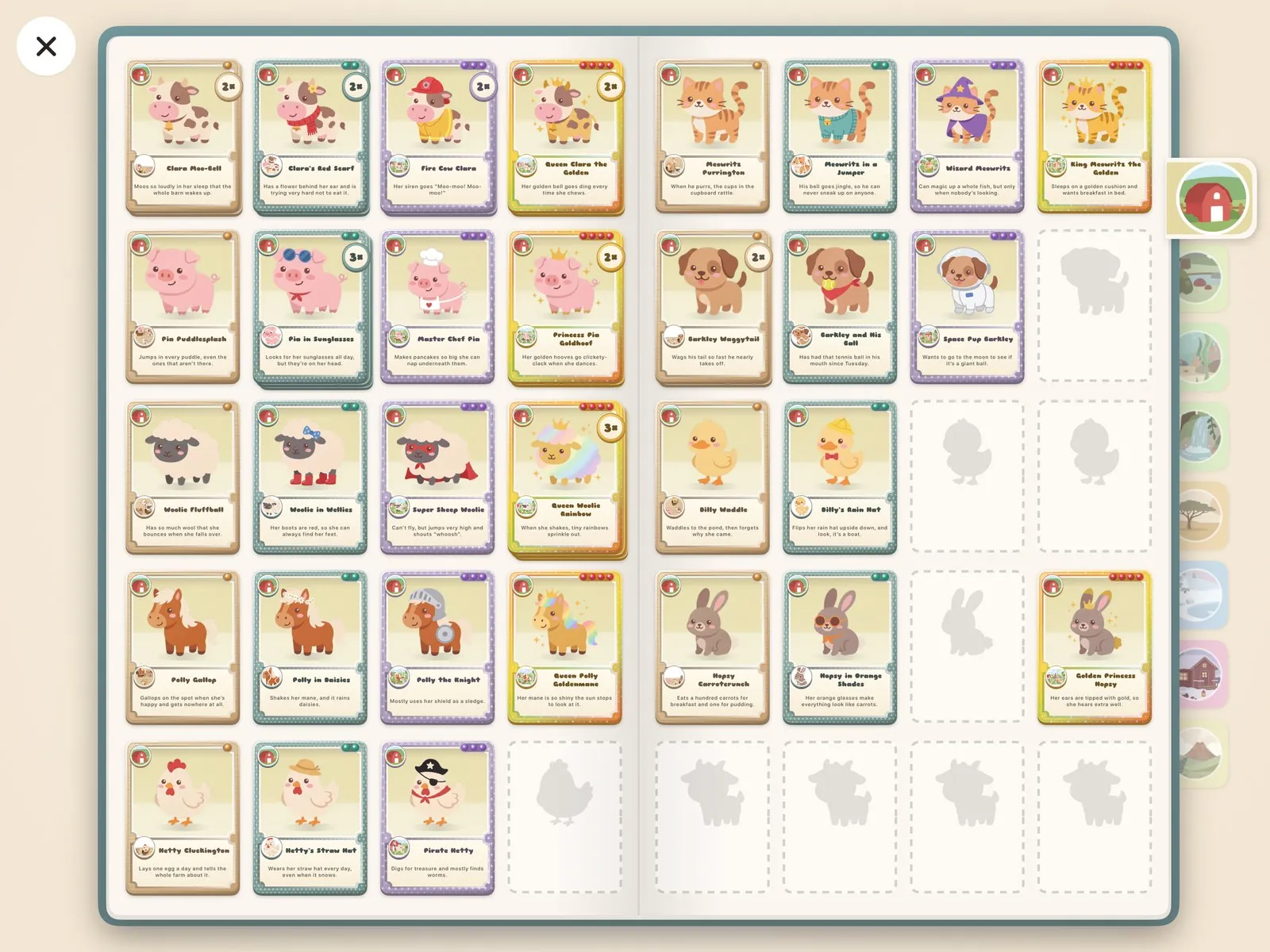 The album, open at the farm, with the cards your child has and the outlines of the missing ones